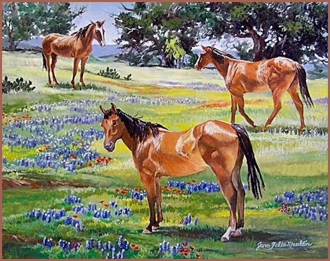 Image of Horses, Bluebonnets and Cactus by Jane Felts Mauldin